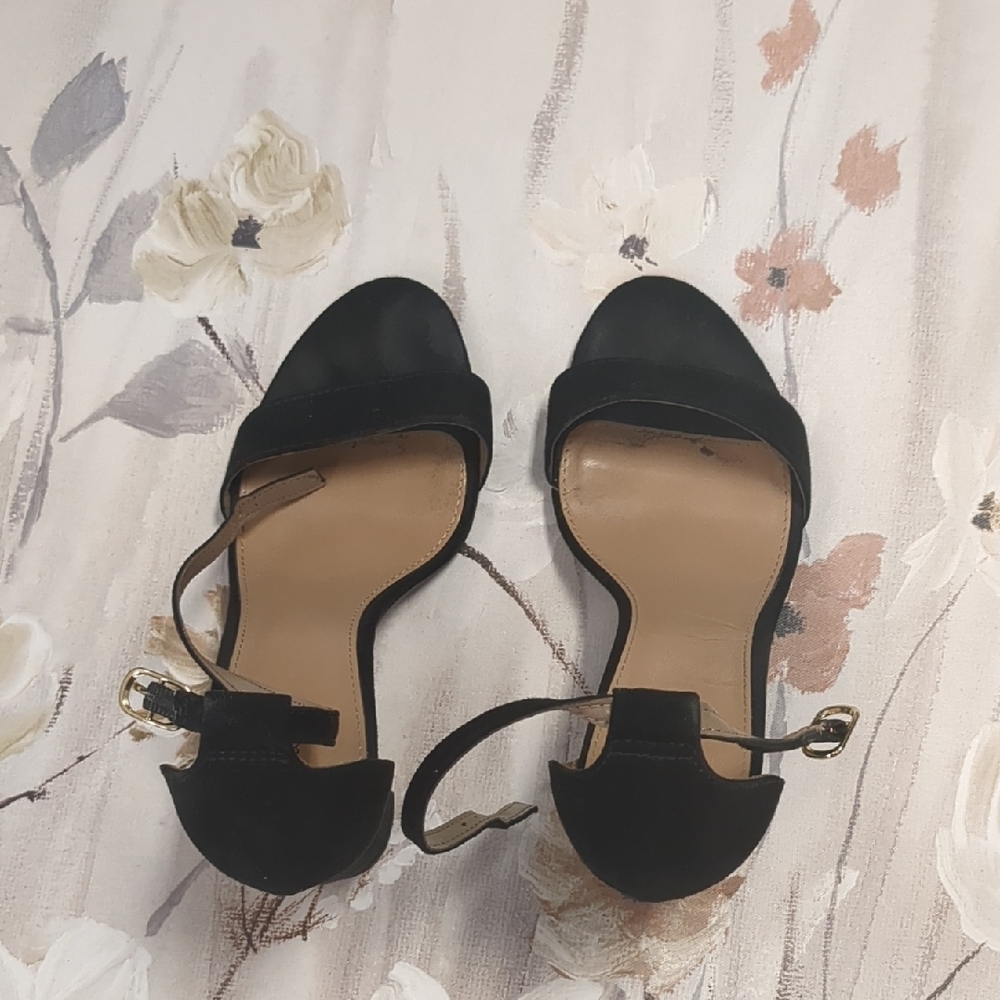 Merona Black Open-Toe Ankle-Strap Heels with Gold Buckle Accent